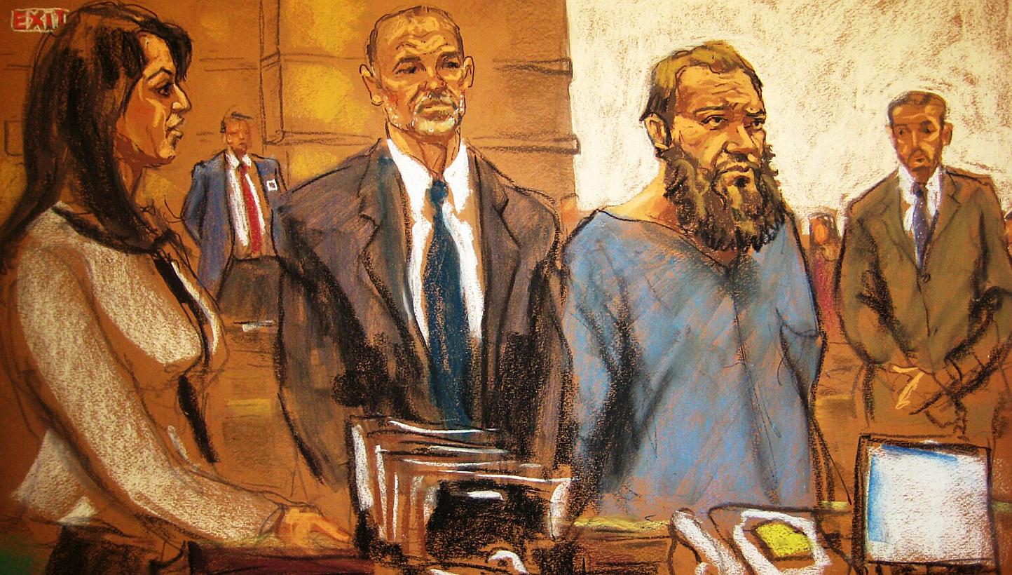 Muhanad Mahmoud al Farekh (second, right) appearing in court in New York, along with court-appointed lawyer, Sean Maher, and Asistant US Attorney Zainab Ahmad (left) in this April 2, 2015, court sketch. -- PHOTO: REUTERS