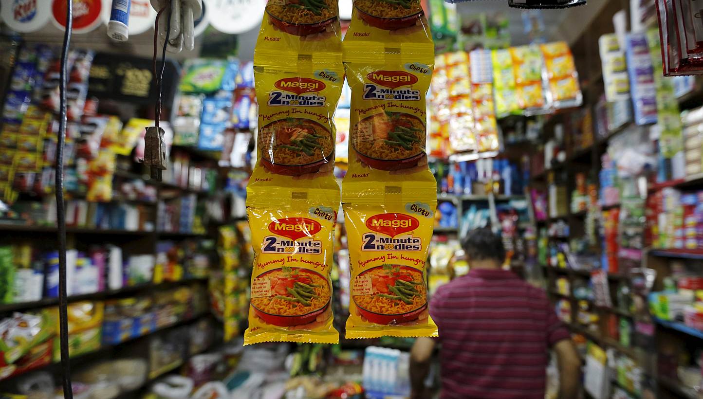 Packets of Maggi instant noodles are seen on display at a grocery store in Ahmedabad, India, on June 3, 2015.&nbsp;India's food safety regulator said on Friday that laboratory tests had found overwhelming evidence that Nestle India's instant noodle p