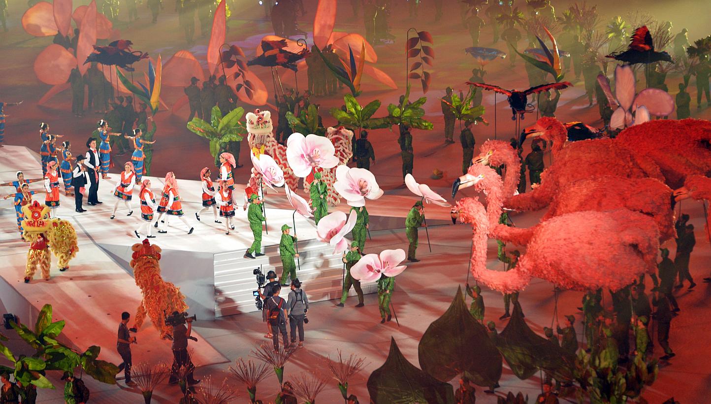 The full dress rehearsal of the SEA Games opening ceremony on May 30, 2015. Those looking to catch the ceremony this evening should expect traffic delays as roads leading to the National Stadium will be closed to the public. -- PHOTO: ST FILE&nbsp;