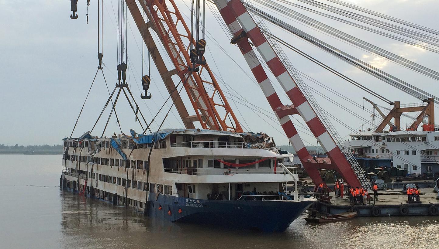 The cruise ship Dong Fang Zhi Xing, which capsized in the Yangtze River, after it was righted in Jianli county, southern China's Hubei province, June 5, 2015. -- PHOTO: EPA&nbsp;