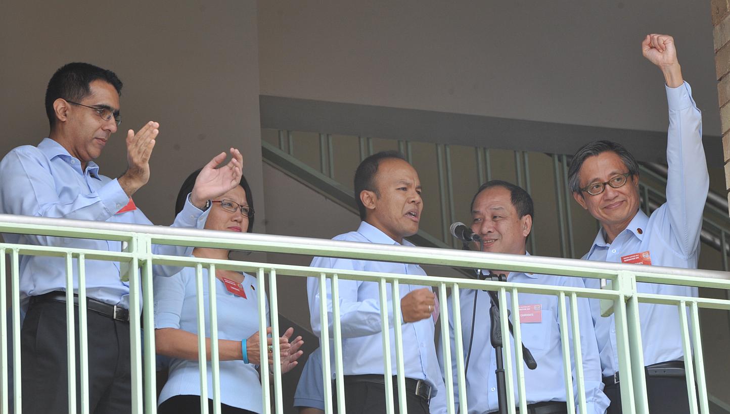 The Workers’ Party team for Aljunied GRC at the nomination centre in the run-up to the General Election in 2011. The party has seen a surge in the number of people wanting to join its ranks after it gained nine seats in Parliament – including two