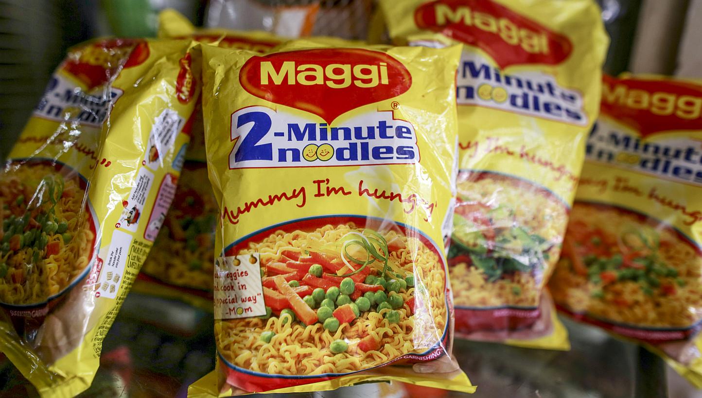 Packets of Maggi noodles, manufactured by Nestle India, are seen at a general store in Mumbai on June 2, 2015. The India-made noodles are safe to eat, the Agri-Food and Veterinary Authority of Singapore said on Monday night. -- PHOTO: BLOOMBERG