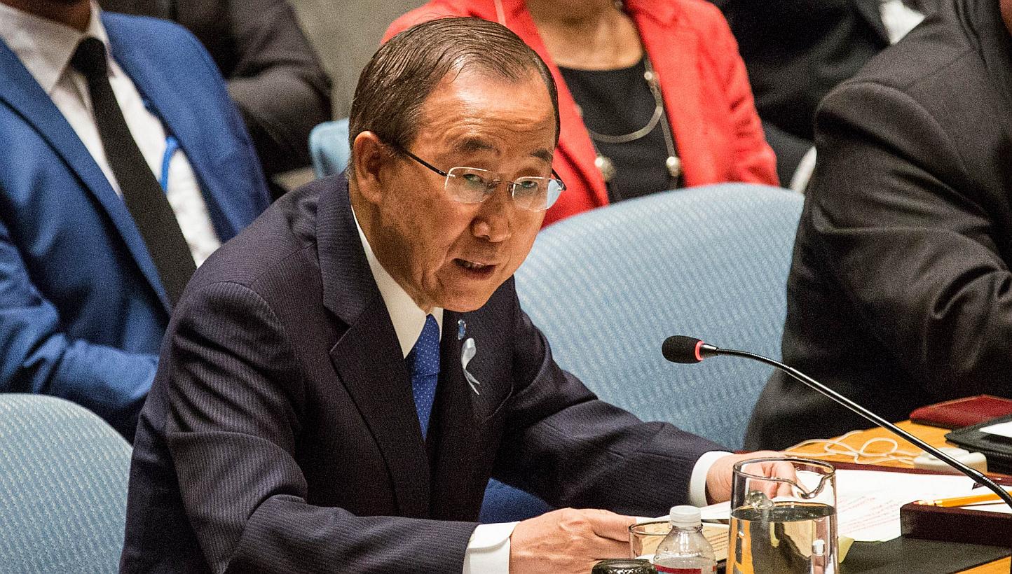 United Nations Secretary General Ban Ki Moon speaks at a United Nations Security Council meeting on May 29, 2015 in New York City. Mr Ban on Tuesday began a five-day trip to ex-Soviet Central Asia with a visit to Tajikistan, as advocacy groups presse