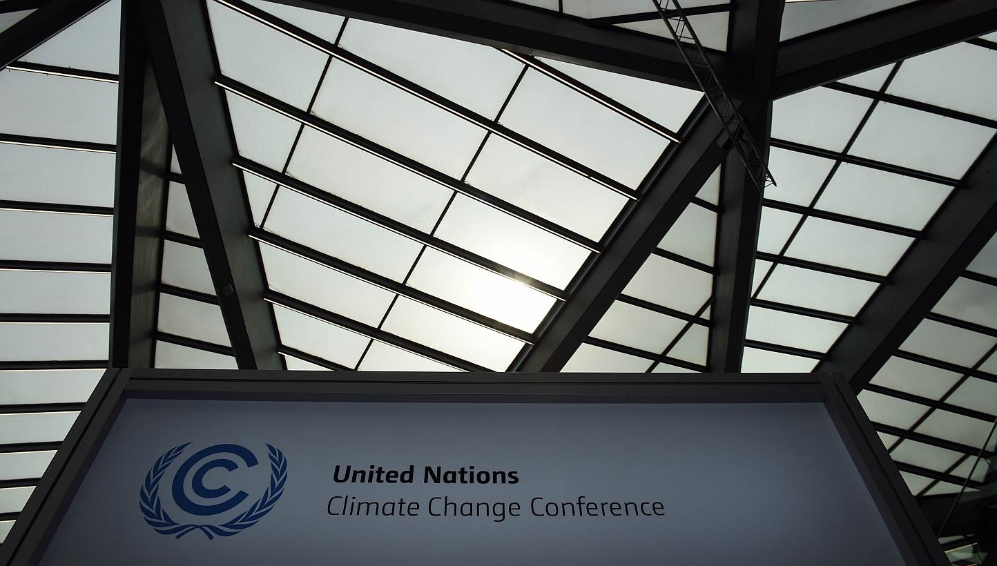 A sign for the United Nations Framework Convention on Climate Change (UNFCCC) is continuing place at the Bonn conference centrum until Thursday (June 11). -- PHOTO: AFP
