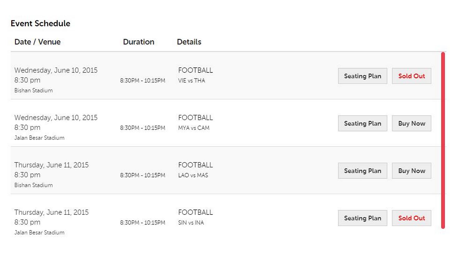 A screenshot from the SEA Games ticketing website, which shows that tickets to the football match between Vietnam and Thailand at Bishan Stadium on Wednesday, June 10, are sold out. Two men have been arrested for allegedly selling fake tickets t
