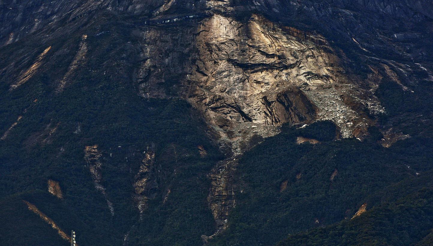 A view of a landslide on Mount Kinabalu in Sabah. The Ranau earthquake was caused by the presence of active fault lines. This is because Sabah is still receiving compression forces from the interaction of three main tectonic plates.