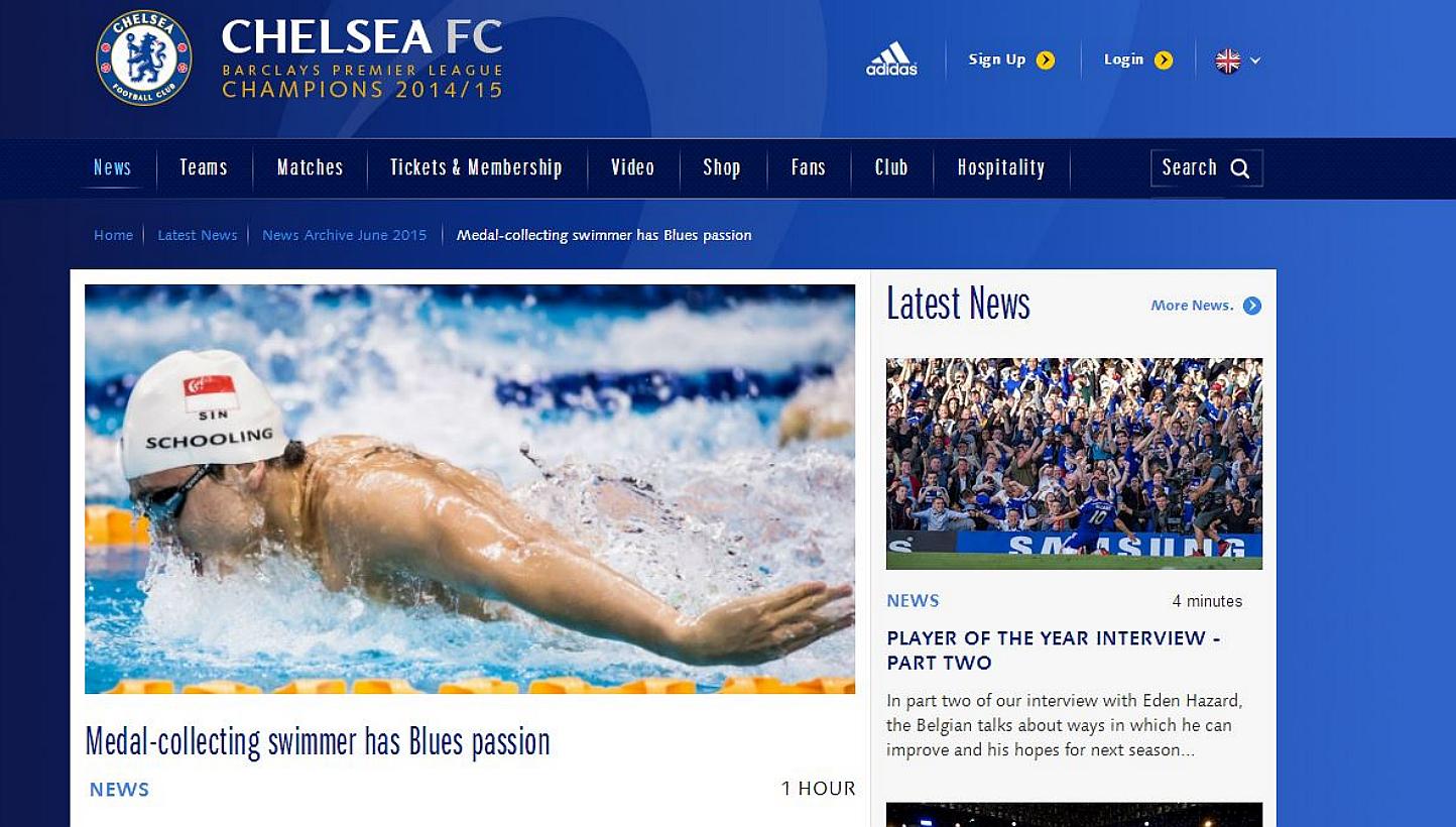 English Premier League champions Chelsea featured Singapore swimming star Joseph Schooling on its website. -- PHOTO: SCREENGRAB FROM WWW.CHELSEAFC.COM