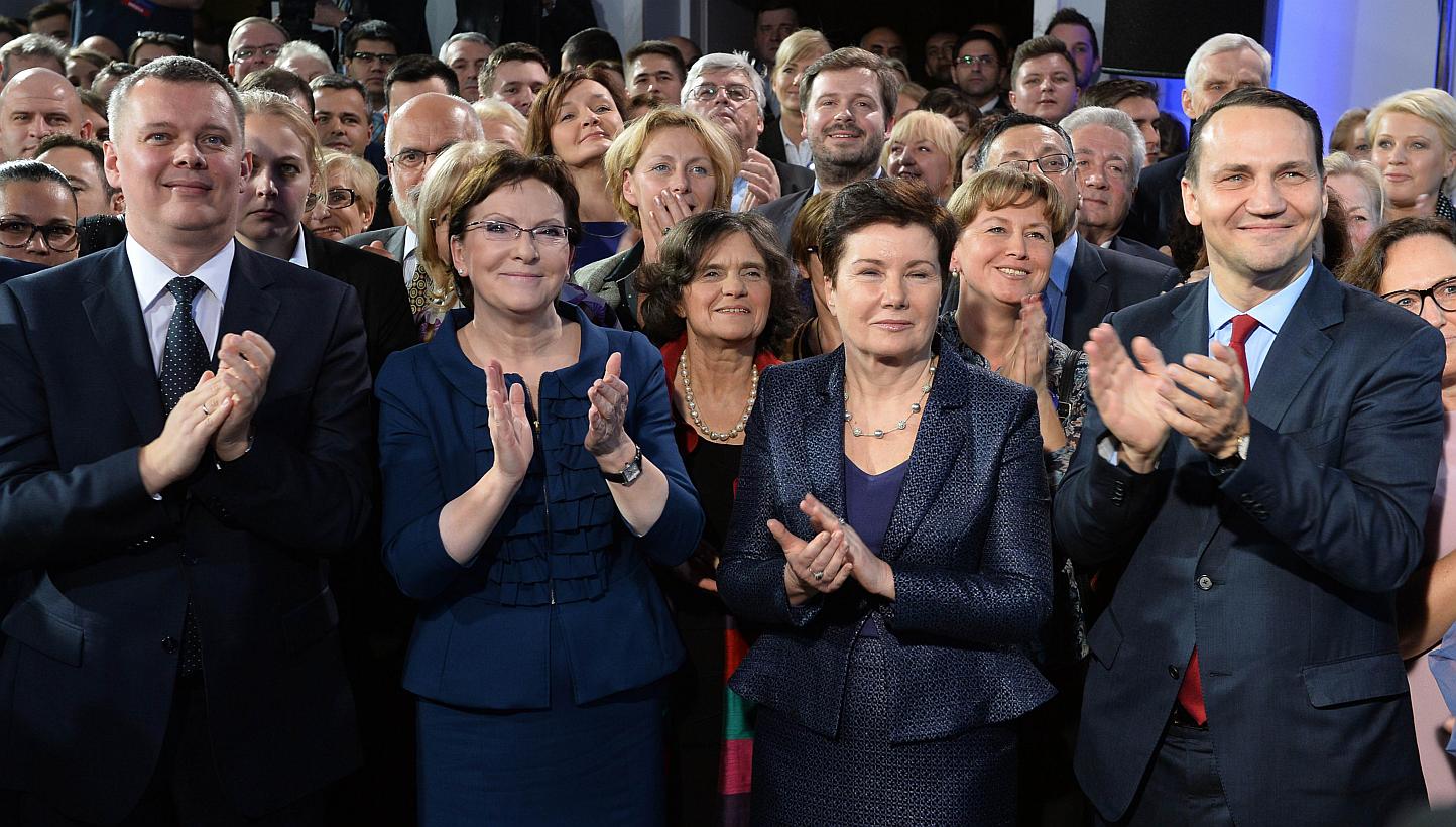 (Front row, from left) Poland's Defence Minister Tomasz Siemoniak, Prime Minister Ewa Kopacz, Warsaw Mayor Hanna Gronkiewicz-Waltz and Speaker of the Parliament Radoslaw Sikorski applauding after the announcement of Poland's local election results in