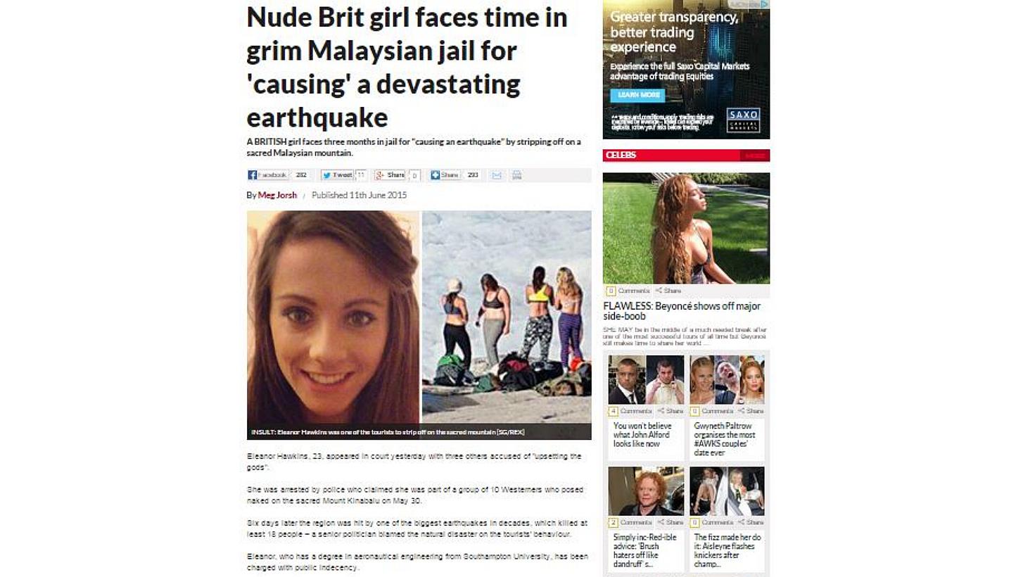 Screenshot of The Daily Star's article titled "Naked Brit girl caused killer quake". British tabloids have given the arrest of alleged Mount Kinabalu nudist Eleanor Hawkins prominent coverage on their front pages, with some claiming she was arrested