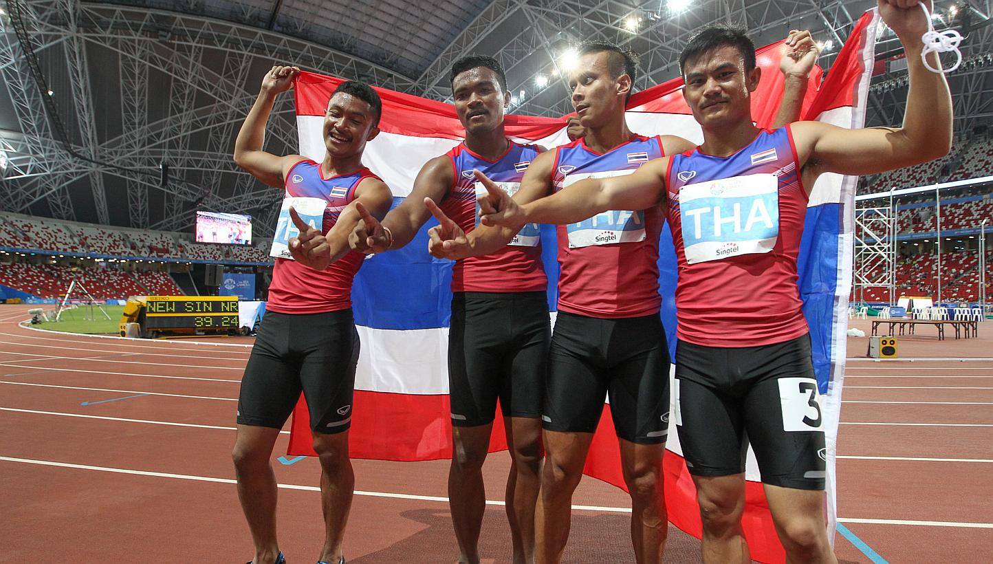 The Thai men's 4x100m team added another gold to give Thailand the lead in the medal tally with 71 golds, 67 silvers and 54 bronzes, with four days of competition left.