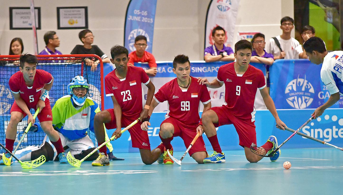 Singapore's men's floorball team in action during the preliminary rounds. Both the men's and women's teams will face Thailand in the final. -- PHOTO: SEA GAMES ORGANISING COMMITTEE/ACTION IMAGES VIA REUTERS