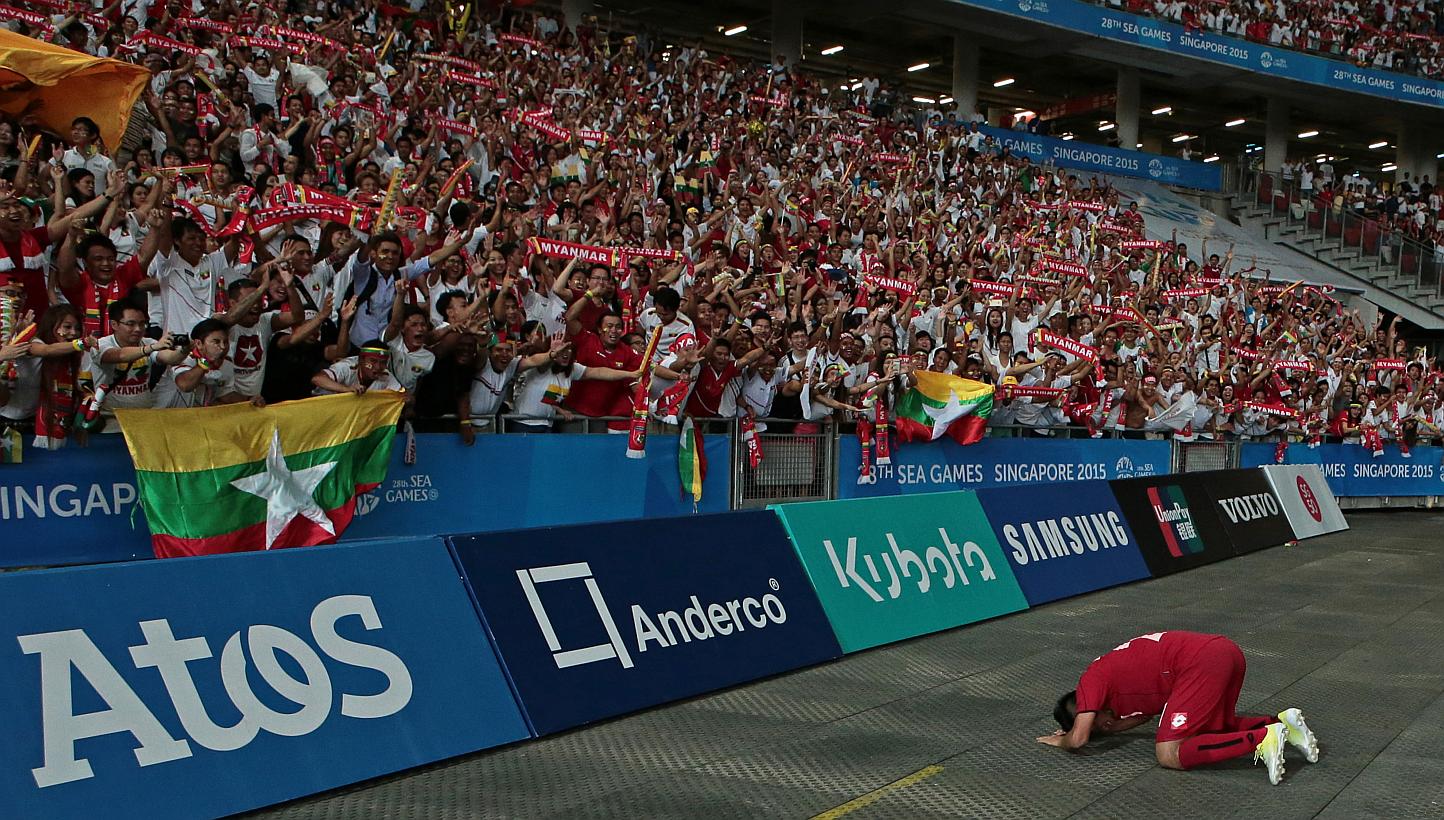 Myanmar’s Ye Ko Oo celebrates as they booked a surprise berth in the SEA Games football final after a 2-1 victory over Vietnam at the National Stadium on Saturday afternoon. - PHOTO: SINGAPORE SEA GAMES ORGANISING COMMITTEE / ACTION IMAGES VIA REUT