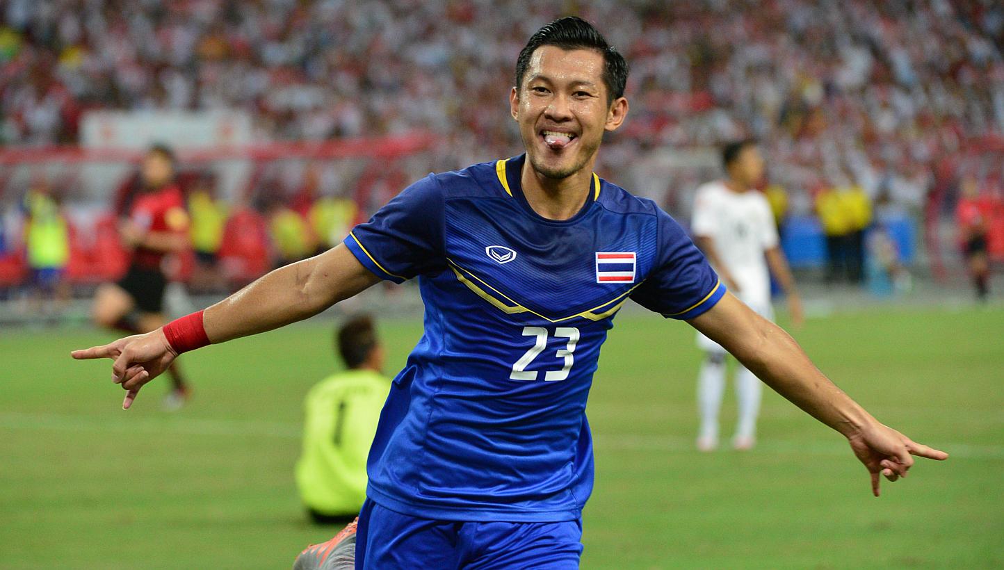 Thailand's Pombubpha Chananan celebrates scoring their second goal against Myanmar in their SEA games final at the National Stadium on June 15, 2015.&nbsp;Thailand extended their stranglehold over regional football, cruising to a 3-0 win over Myanmar