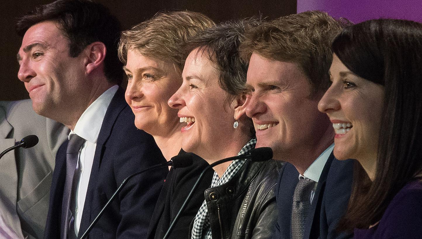 Labour MPs (from left) Andy Burnham, Yvette Cooper, Mary Creagh, Tristram Hunt and Liz Kendall address delegates at the Progress annual conference in central London on May 16, 2015. While Tristram Hunt has yet to publicly put himself forward, h