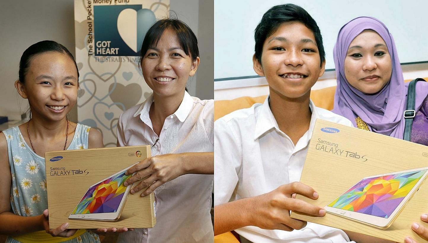 The Straits Times School Pocket Money Fund beneficiaries Lim Jia Qi (left photograph, on the left) with her mother, part-time canteen assistant Jaw Kim Hiang and Muhamad Khairul Irzhan (right photograph, on the left) with his mother Madam Iryeanty Sa