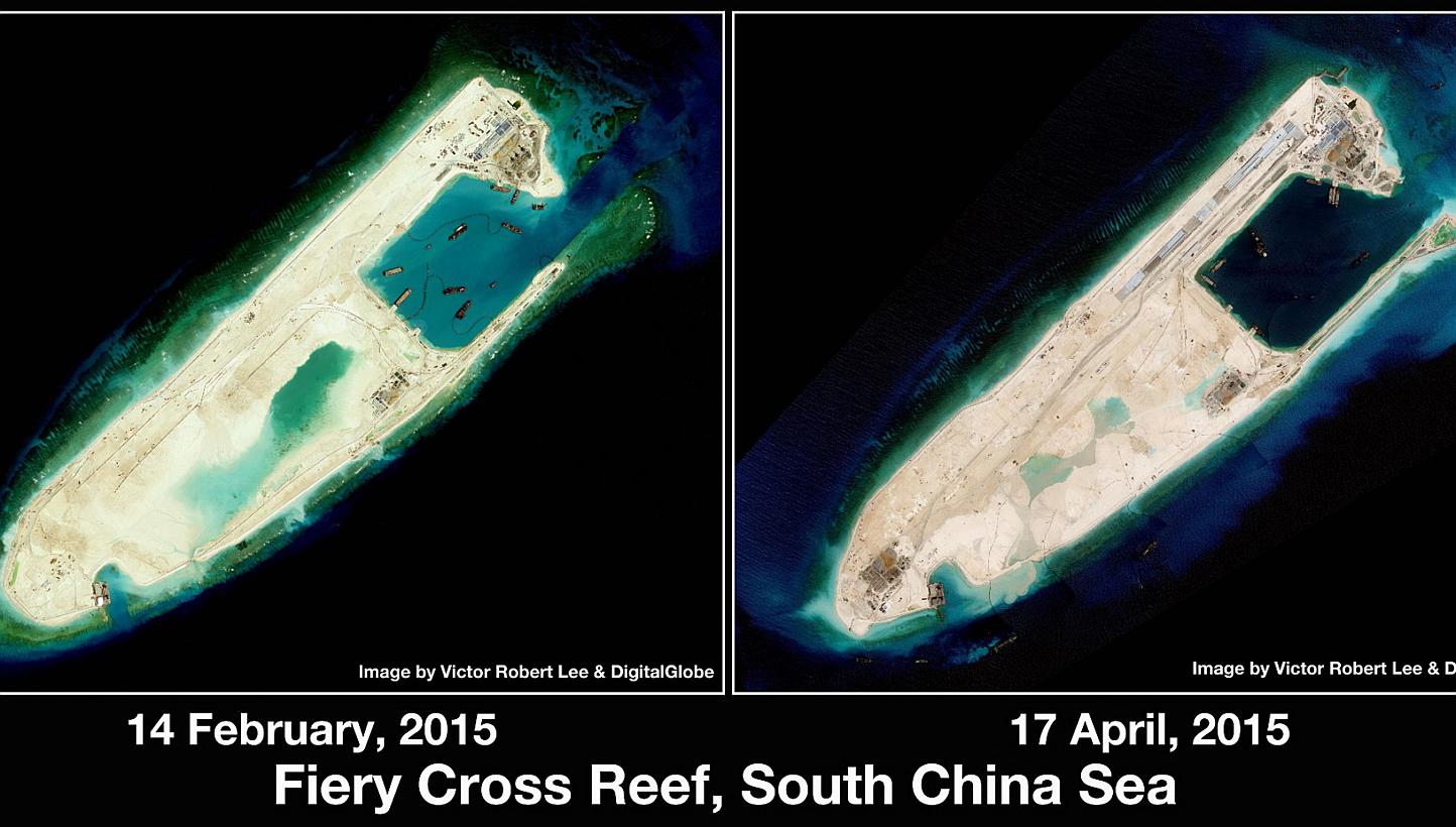 Satellite images dated Feb 14, 2015 and April 17, 2015 showing the rapidly built island at Fiery Cross Reef in the Spratly Islands. -- PHOTO: VICTOR ROBERT LEE AND DIGITALGLOBE 