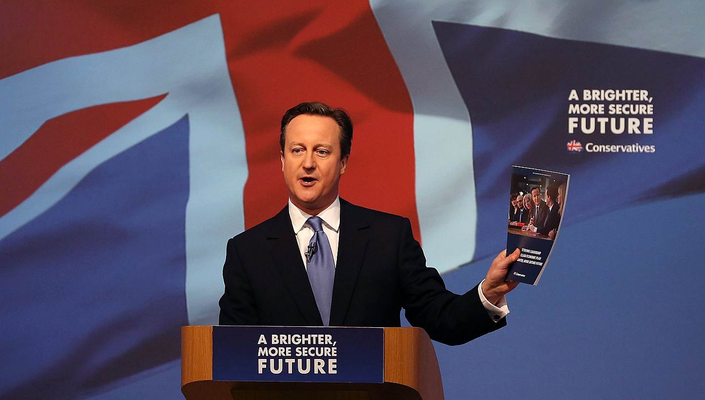 Britain's Prime Minister and leader of the Conservative Party, David Cameron, unveils his party's general election manifesto in Swindon, southern England, on April 14, 2015.&nbsp;Mr Cameron has performed a U-turn and ruled out holding a European Unio