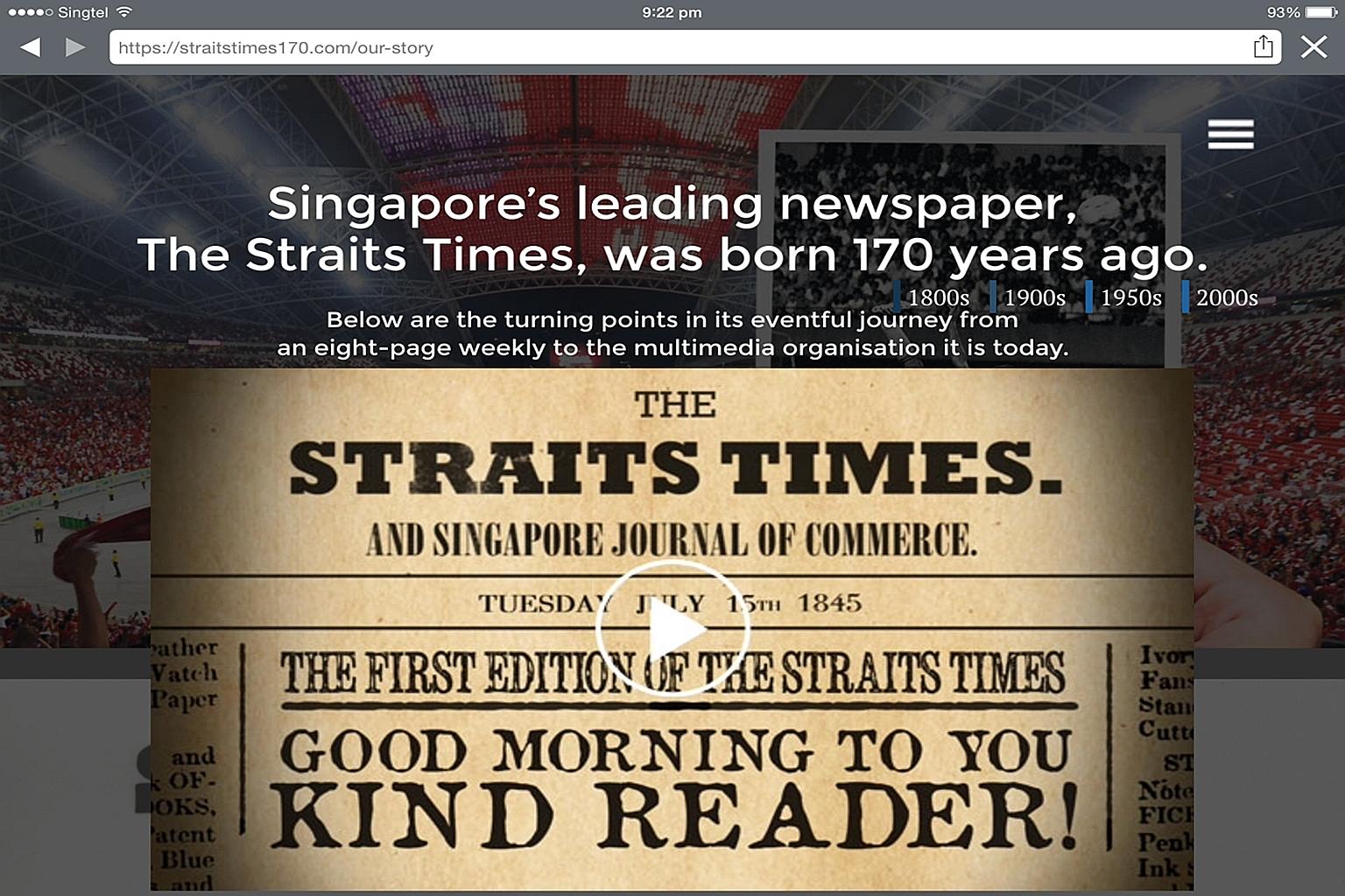 A new video on ST's birthday microsite chronicles 170 years of Singapore's history as seen through the headlines.