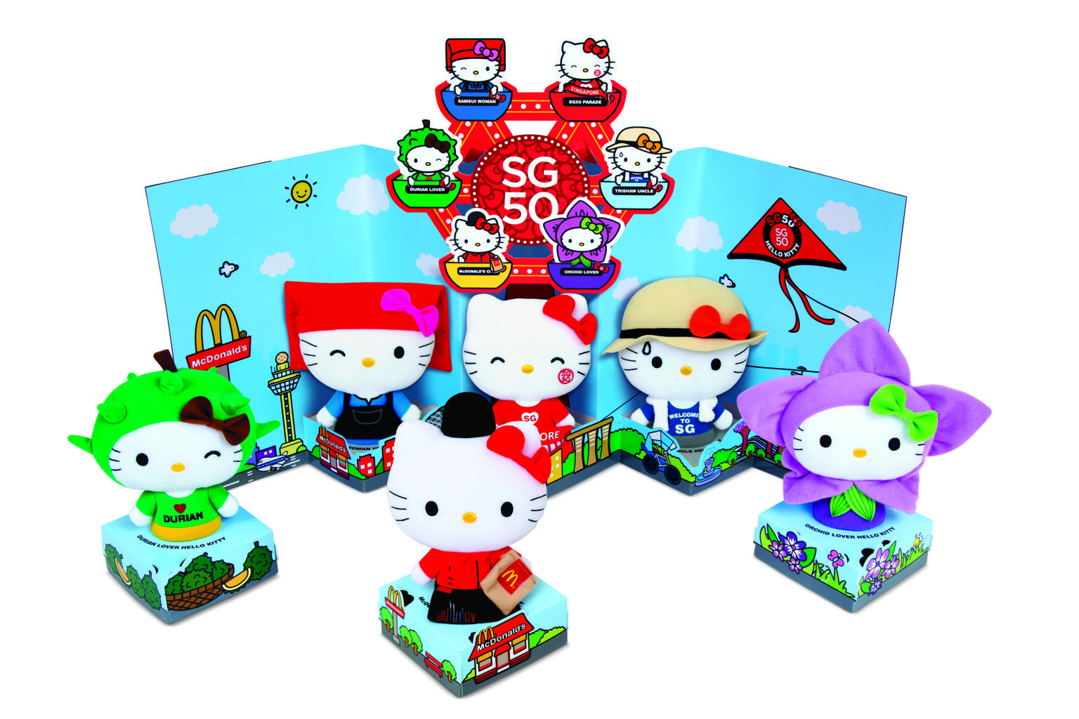 The new limited- edition Hello Kitty dolls each take on a local theme: (clockwise from left) Durian Lover, Samsui Woman, SG50 Parade, Trishaw Uncle, Orchid Lover and McDonald's crew member.
