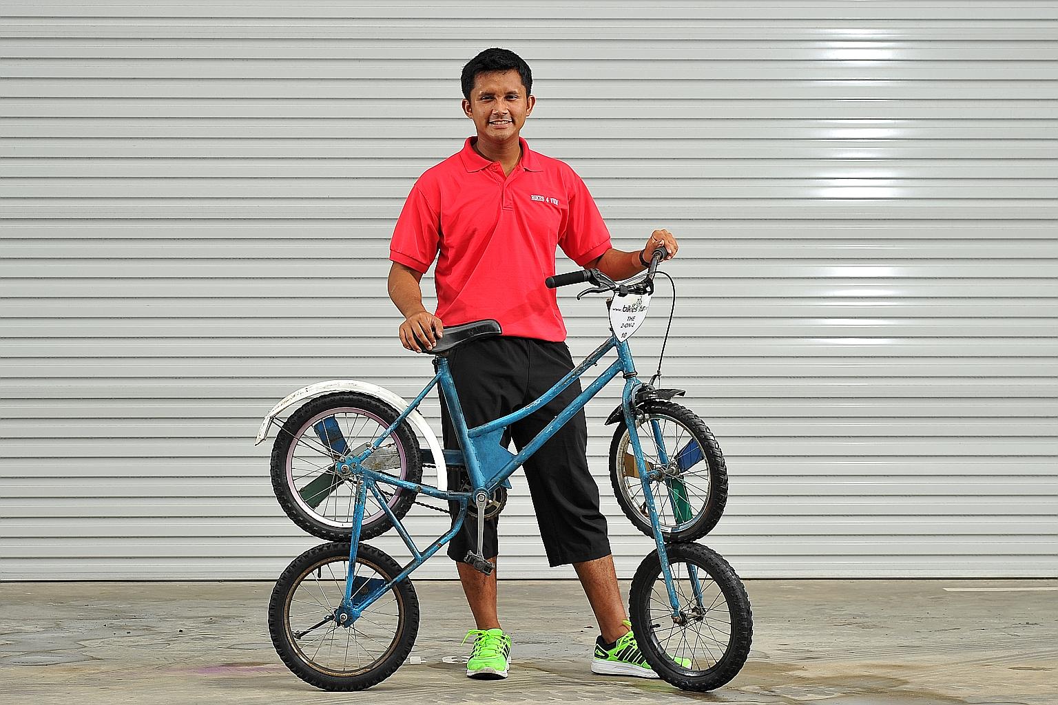 Bikes 4 Fun's manager, Mr Mostapha Kamal, with one of his eye-catching creations: a 2-on-2 bicycle. He wants to teach children the value of being creative and reinventing.