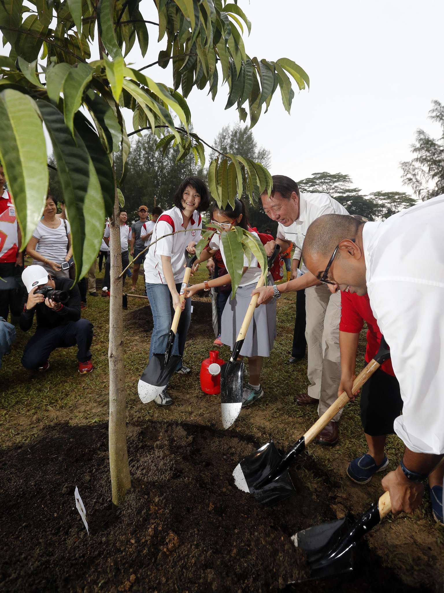 Ms Sun Xueling at the tree-planting event with Deputy Prime Minister Teo Chee Hean (second from right) and MP Janil Puthucheary (right). Ms Sun, a potential PAP candidate, says it is up to the party to decide whether she contests the next general ele
