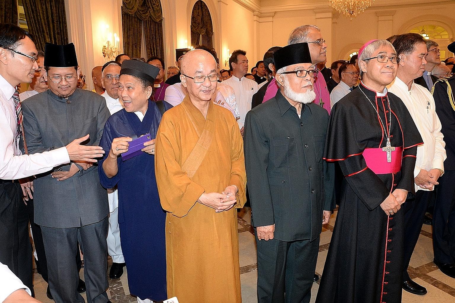Leaders of the main faiths in Singapore, including (second from left) Mufti Mohd Fatris Bakaram; a representative from the Taoist faith; Venerable Seck Kwang Phing; former Mufti Shaikh Syed Isa; Archbishop William Goh from the Catholic Church; and Mr
