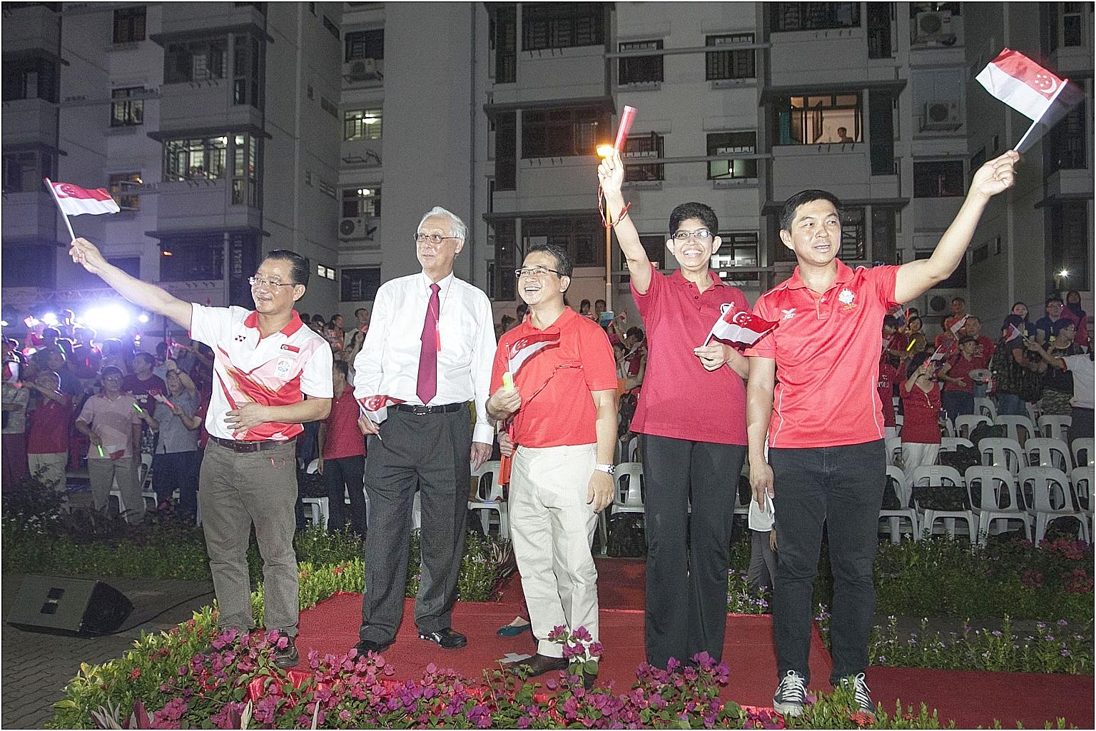 ESM Goh Chok Tong (second from left) said on his Facebook page yesterday that the "likely" Marine Parade GRC team for the next election will include (from left) Mr Seah Kian Peng, Mr Goh, Mr Edwin Tong, Associate Professor Fatimah Lateef, and Ministe