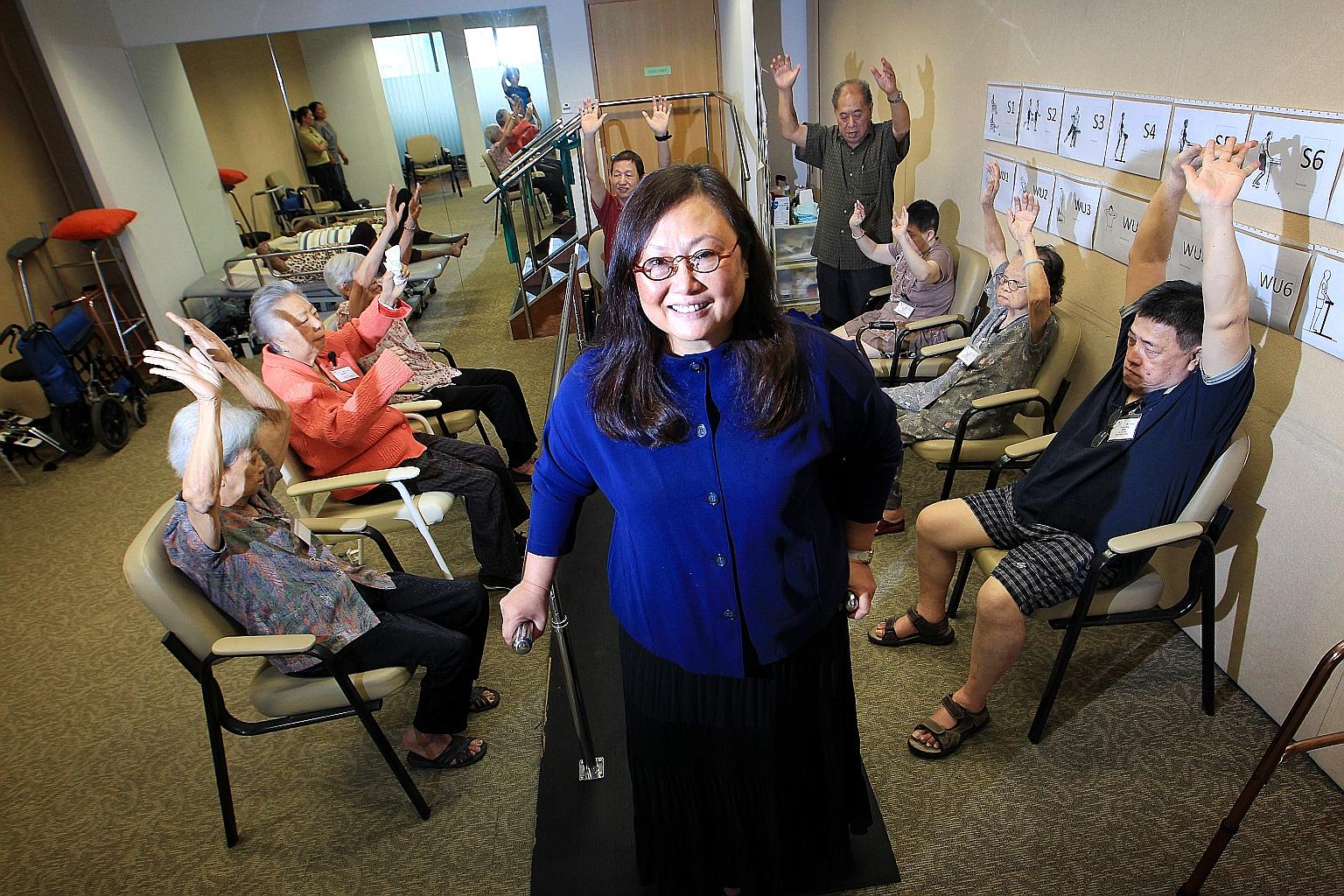 Dr Mary Ann Tsao with seniors undergoing physical rehabilitation exercises at the Tsao Foundation, a non-profit group established in 1993 which specialises in ageing issues.