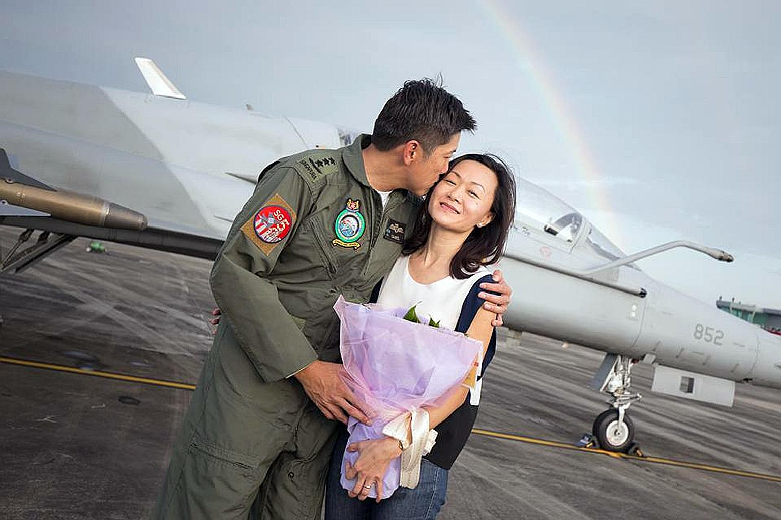 Lieutenant- General Ng Chee Meng, the outgoing Chief of Defence Force, with his wife Michelle after his final flight on the F-5 last week. The father of two, who took a few months to decide on whether he wanted to enter politics, believes he has the 