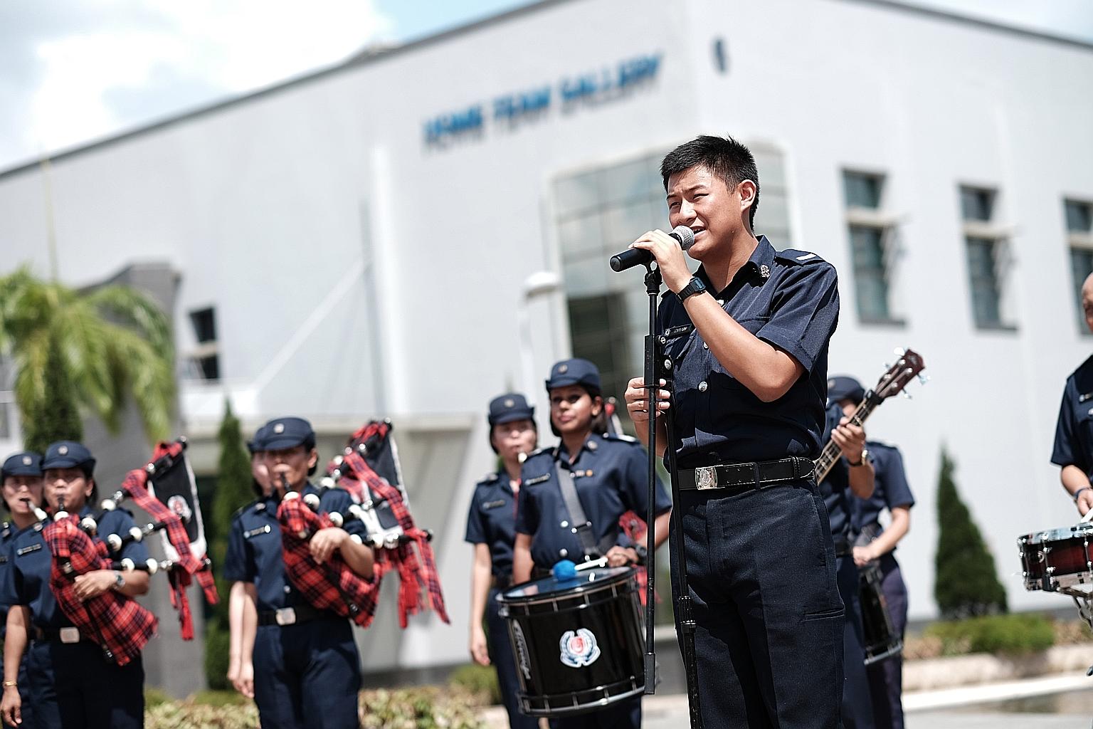 Corporal Lewis Loh, 19, singing the National Day theme song One Singapore with the Singapore Police Force band. The video, which also features footage from SPF's past 50 years, went viral online.