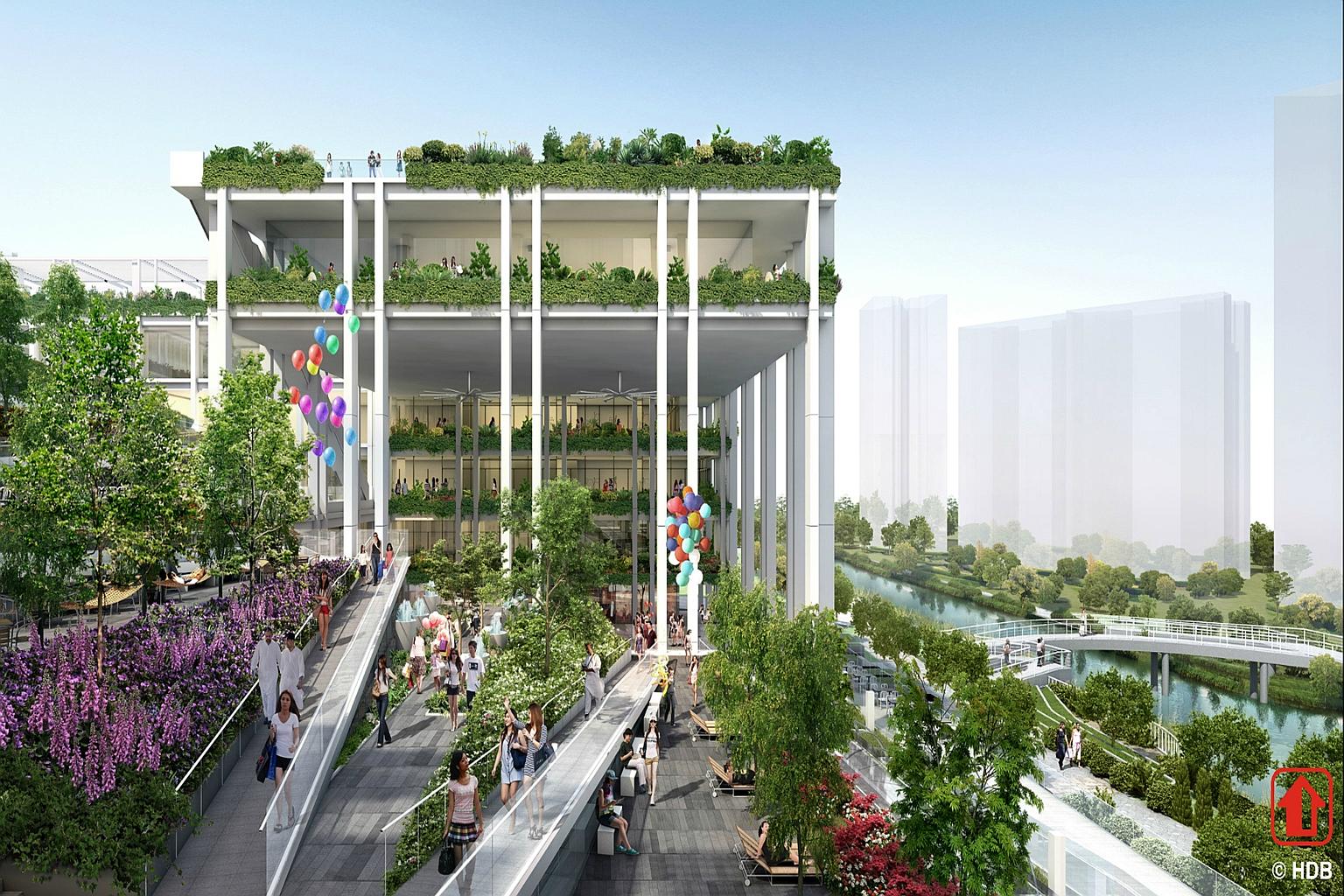 An artist's impression of the neighbourhood centre located next to Punggol Waterway, where residents can come together to bond over plants and greenery. It is the first of four new-generation centres to be built by the Housing Board over the next thr
