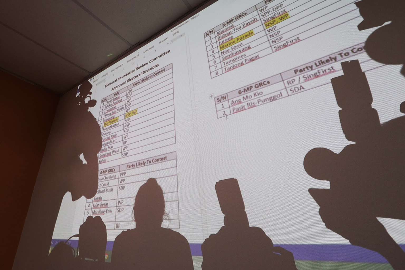 A screen at the second round of opposition talks earlier this month, showing where the various parties were likely to contest