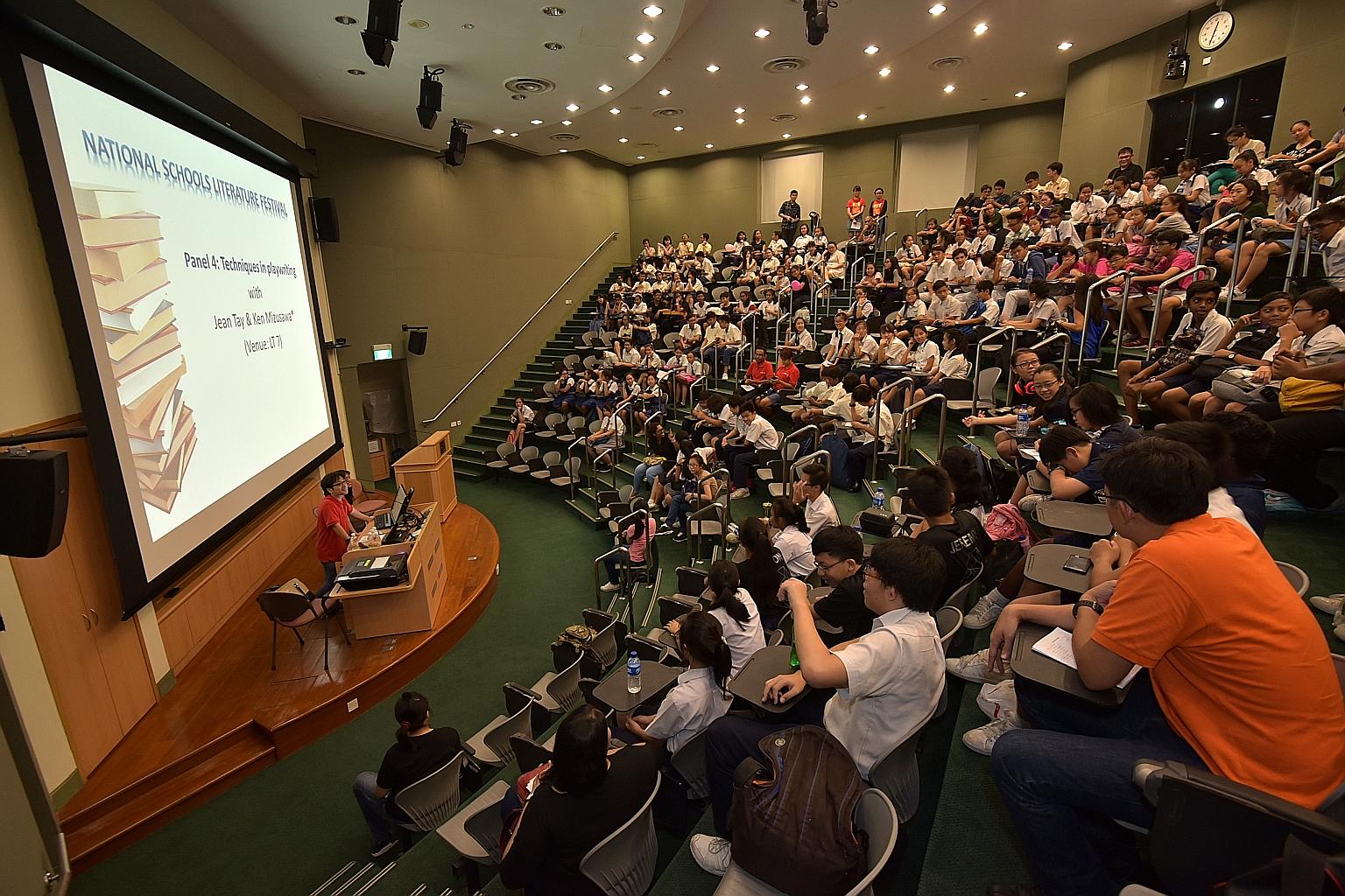 Writers Jean Tay and Ken Mizusawa speaking about playwriting techniques at NIE last week. The number of students studying literature is falling but more schools seem to be offering the subject.