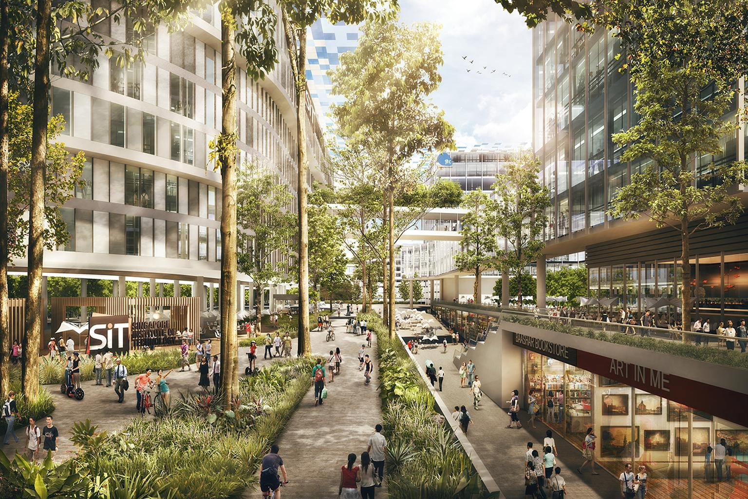 An artist's impression of the campus boulevard (above) at the Singapore Institute of Technology. Punggol residents will get to use its facilities, such as classrooms, workshops and a multi-purpose hall.