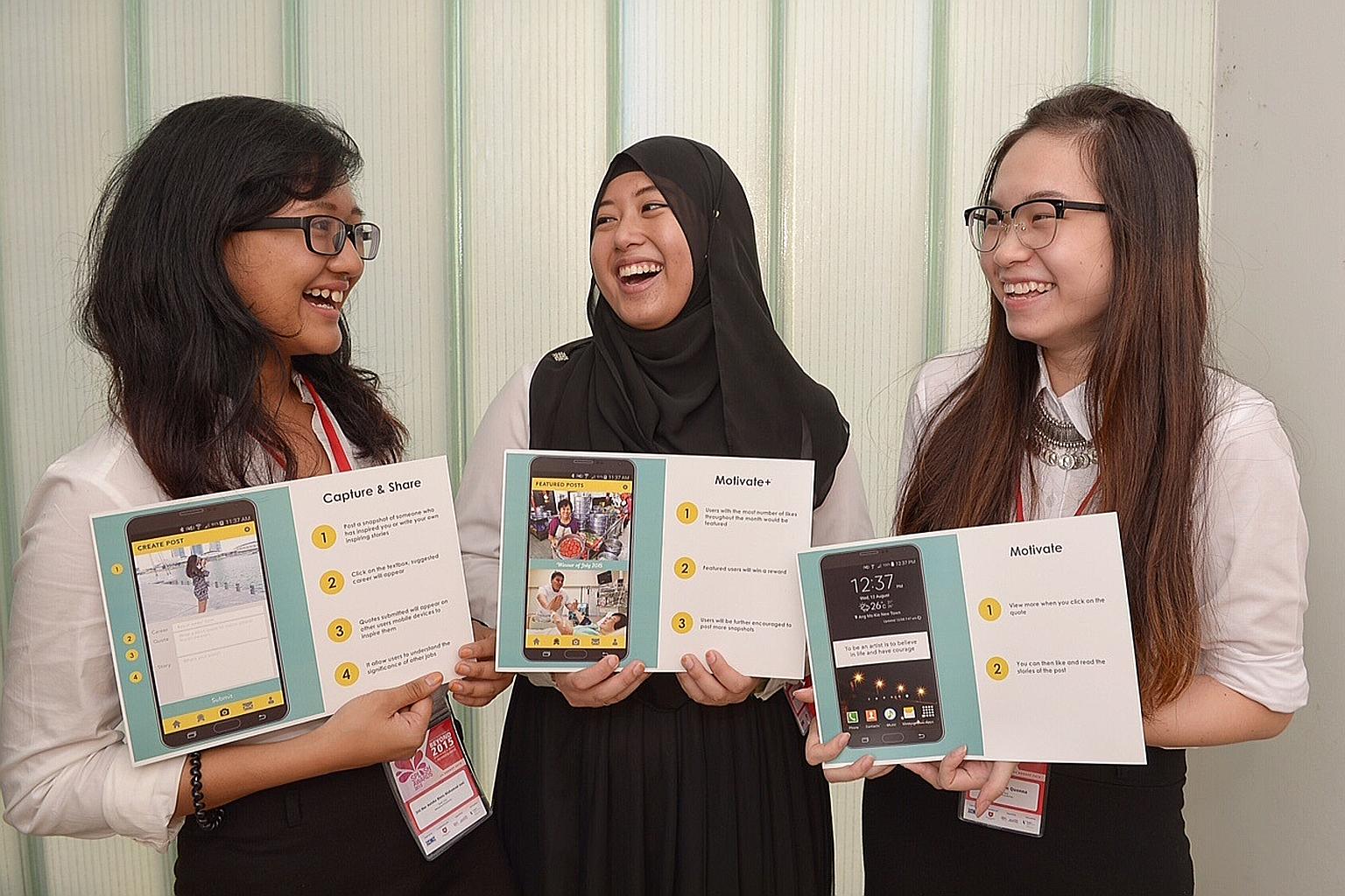 Team 3osy - (from left) Ms Siti Nur Anisha Mohamad Jani, Ms Nur Shafiqah Suhaimi and Ms Quenna Tan Hui Shan - created the app Happy Working Lor, which offers motivational quotes from users working in various professions, to encourage Singaporeans to