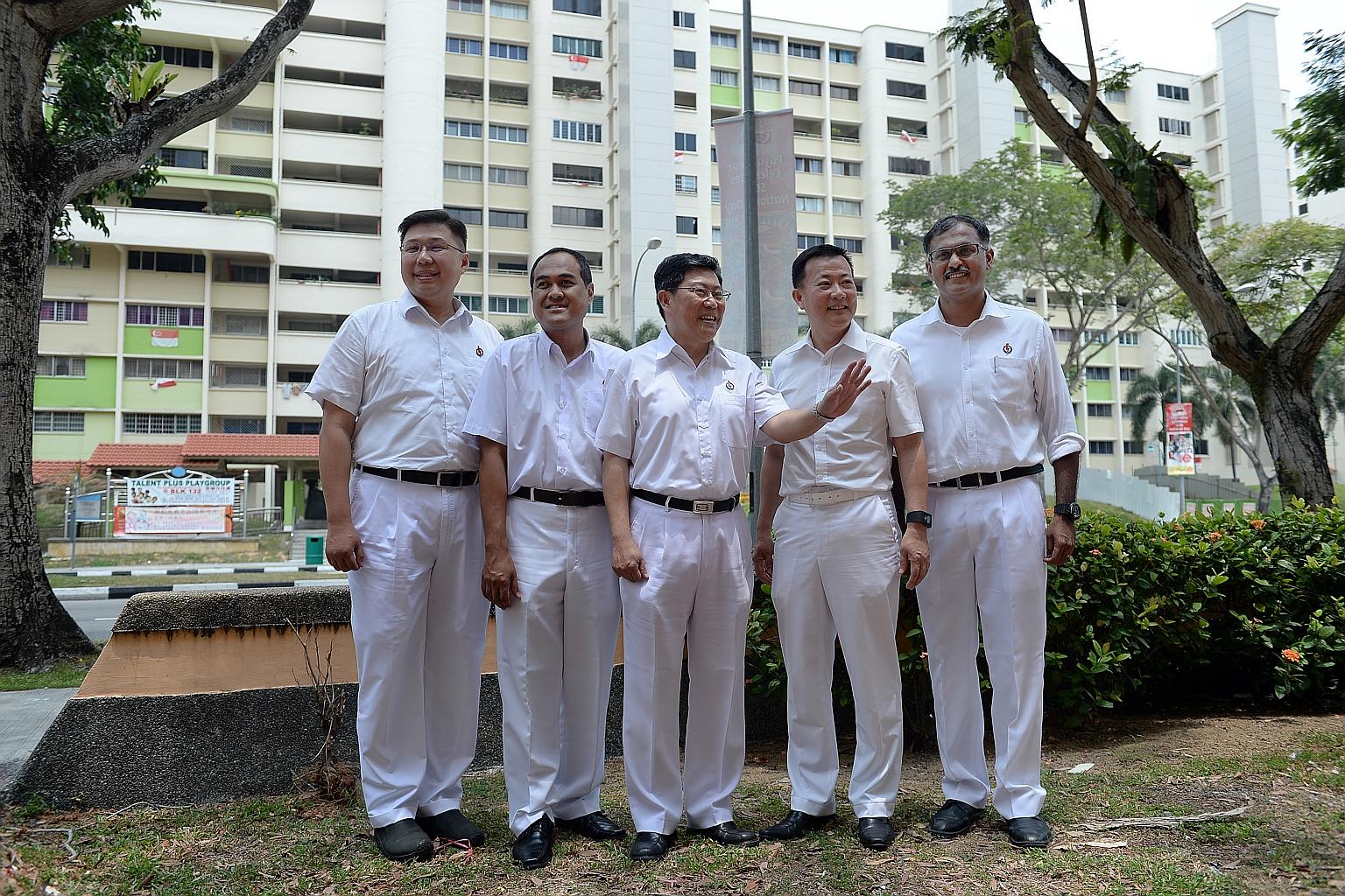 The PAP team for Aljunied GRC comprises (from left) private banker Chua Eng Leong, 44; former teacher Shamsul Kamar, 43; four-term veteran MP Yeo Guat Kwang, 54, who moves in from Ang Mo Kio GRC; insurance firm manager Victor Lye, 52; and lawyer K. M