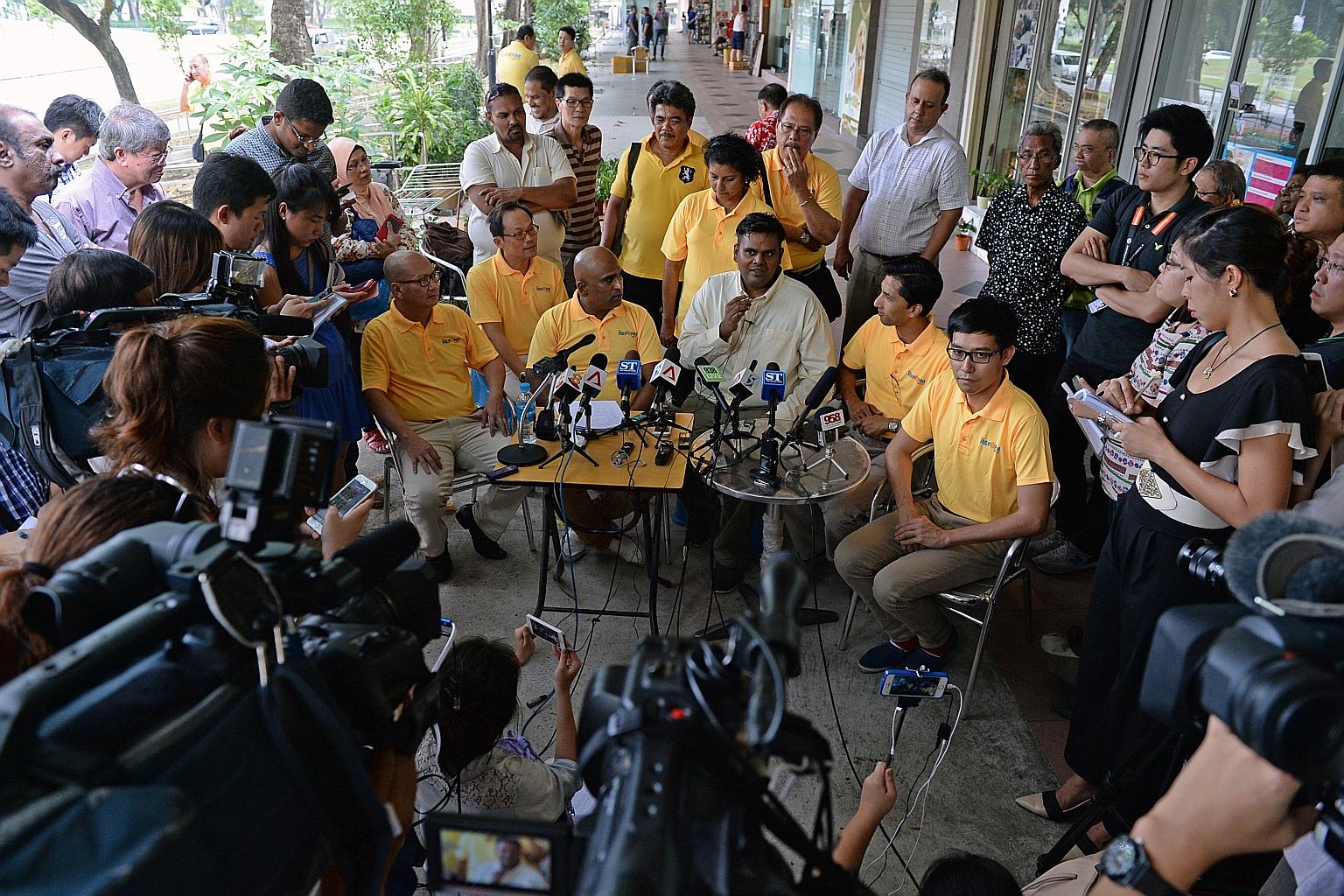 The Reform Party's Ang Mo Kio GRC candidates (seated from left) Gilbert Goh, Jesse Loo, M. Ravi, Siva Chandran, Osman Sulaiman and Roy Ngerng at the press conference yesterday. They said the issues they want to raise in their campaign include CPF, im