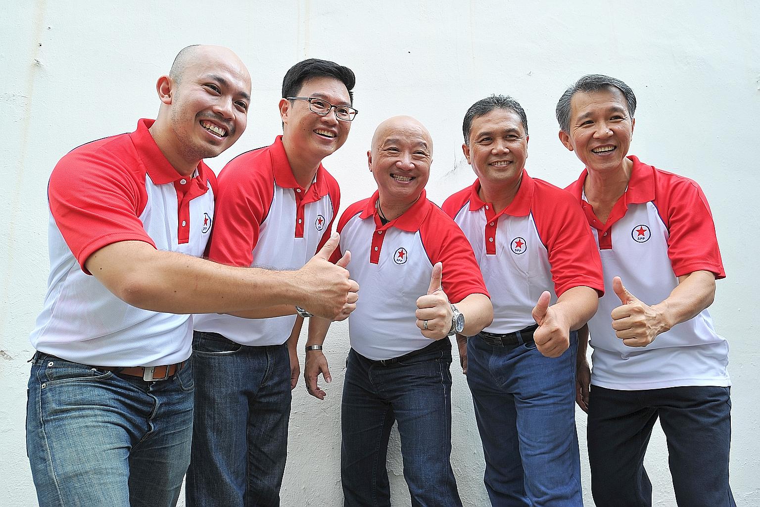 The opposition team contesting Bishan-Toa Payoh GRC comprises (from left) Mr Abdillah Zamzuri, Mr Bryan Long, Mr Benjamin Pwee, Mr Hamim Aliyas and Mr Law Kim Hwee. Mr Pwee and Mr Hamim have both resigned from the DPP and joined the SPP to enable the