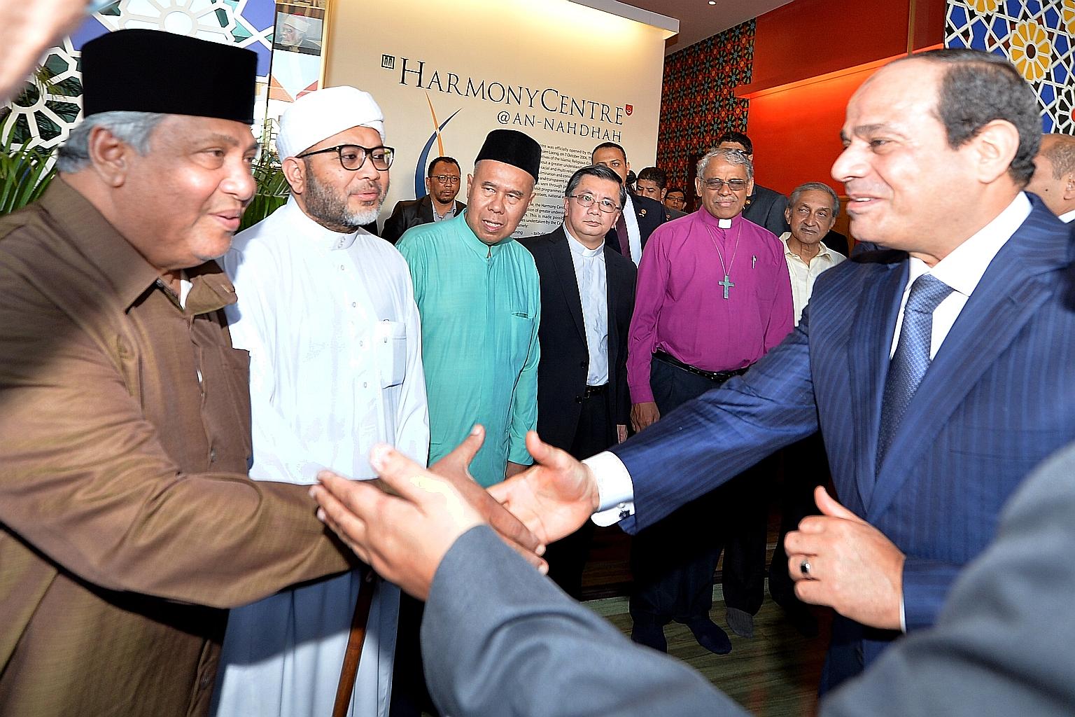 Egyptian President Abdel Fattah al-Sisi (right) meeting (from left) Ustaz Ali Mohamed, co-chairman of the Religious Rehabilitation Group (RRG); Ustaz Mohd Hasbi Hassan, co-chairman of the RRG; Ustaz Syed Ahmad Syed Mohamed, registrar at the Registry