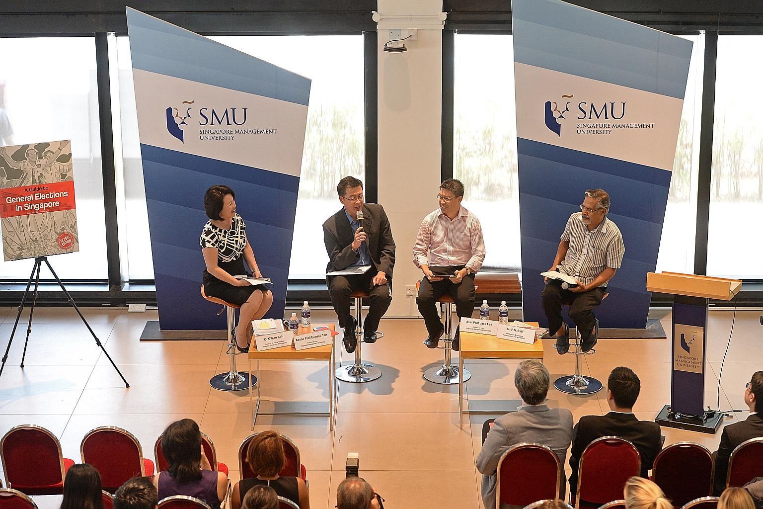 The panel at yesterday's forum comprised (from left) Dr Gillian Koh, associate professor Eugene Tan, assistant professor Jack Lee and communications consultant P.N. Balji.