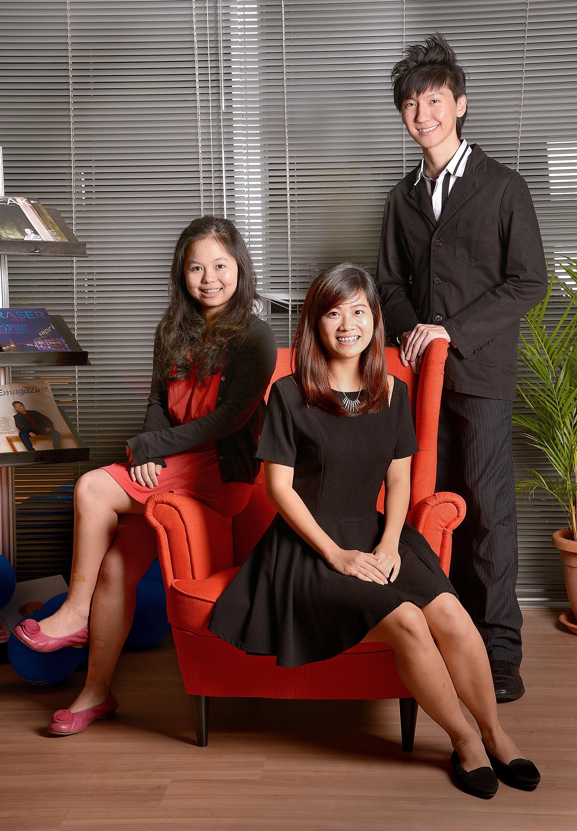 On the university fast track are (from left) Ms May Lim from NTU and Ms Ang Cheng Ning from NUS, while Mr Shawn Foo graduated with a master's from King's College London on top of his NUS bachelor's degree.
