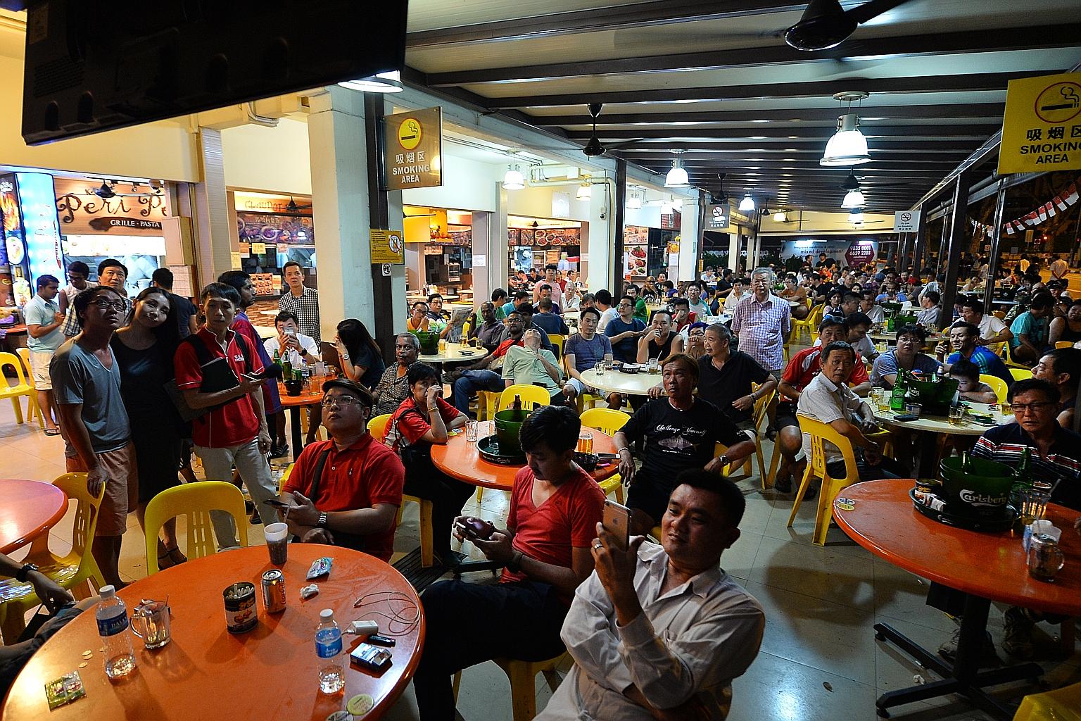 Clockwise from left: People in a Potong Pasir coffee shop watching the poll results on TV last night; Mr Sitoh Yih Pin talking to reporters before the results; Mrs Lina Chiam left after the sample count showed her opponent clearly in the lead.