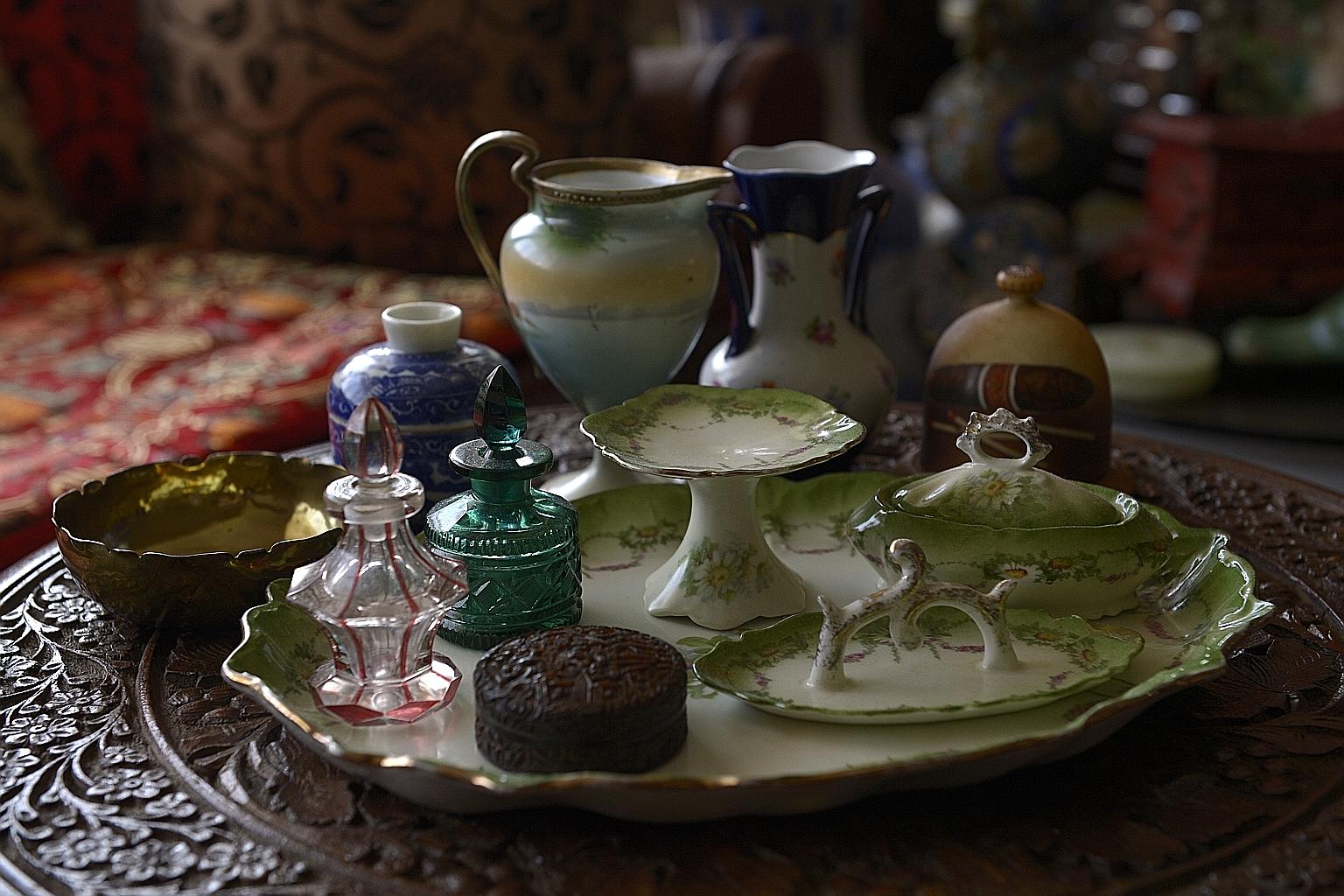 This set of antique containers for the vanity table was left to Madam Loretta Sarkies by her father, Mr Arathoon Sarkies. While few among these items are of Armenian origin, they take pride of place in Madam Sarkies' home.