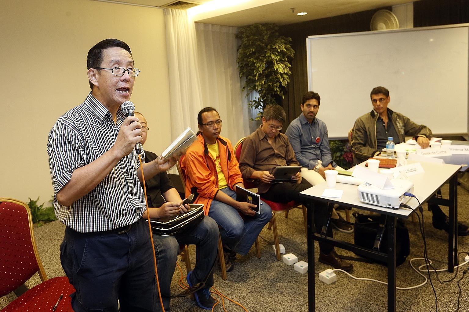 (From left) Blogger Alex Au, Mr Terry Xu of The Online Citizen, Mr Rafiz Hapipi of Maruah, Assistant Professor of Law Jack Lee of Singapore Management University, writer Sudhir Vadaketh and political analyst Derek da Cunha at yesterday's post-electio