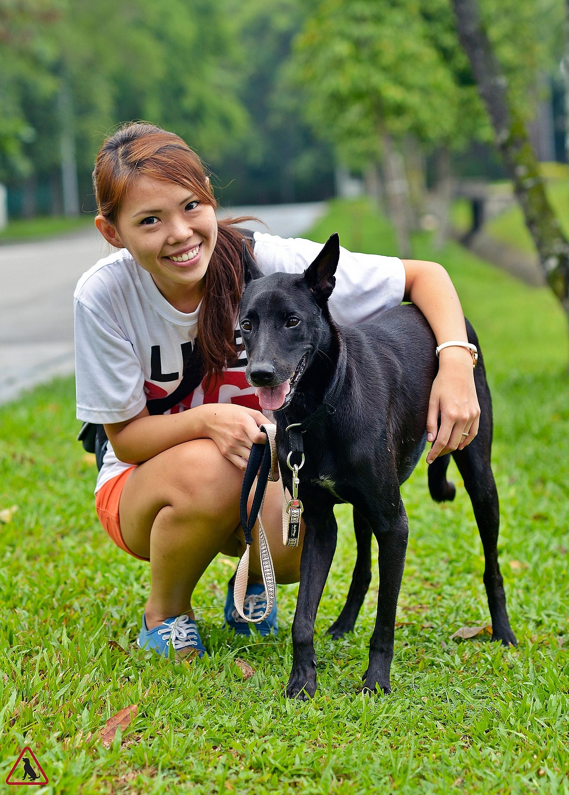 Volunteer Lee Jie Ying, 27, with Tux, which took three years to find a home because of its colour and timid character, which was improved after months of rehabilitation.