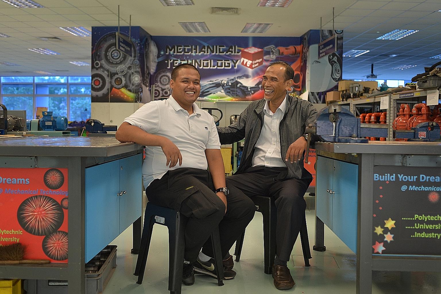 ITE student Muhammad Firdaus Razali (left) with his mechanical engineering lecturer, Mr Khalid Kassim, who helped him stay in school despite his financial problems. Since last year, he has given Mr Firdaus close to $900 out of his own pocket, to help