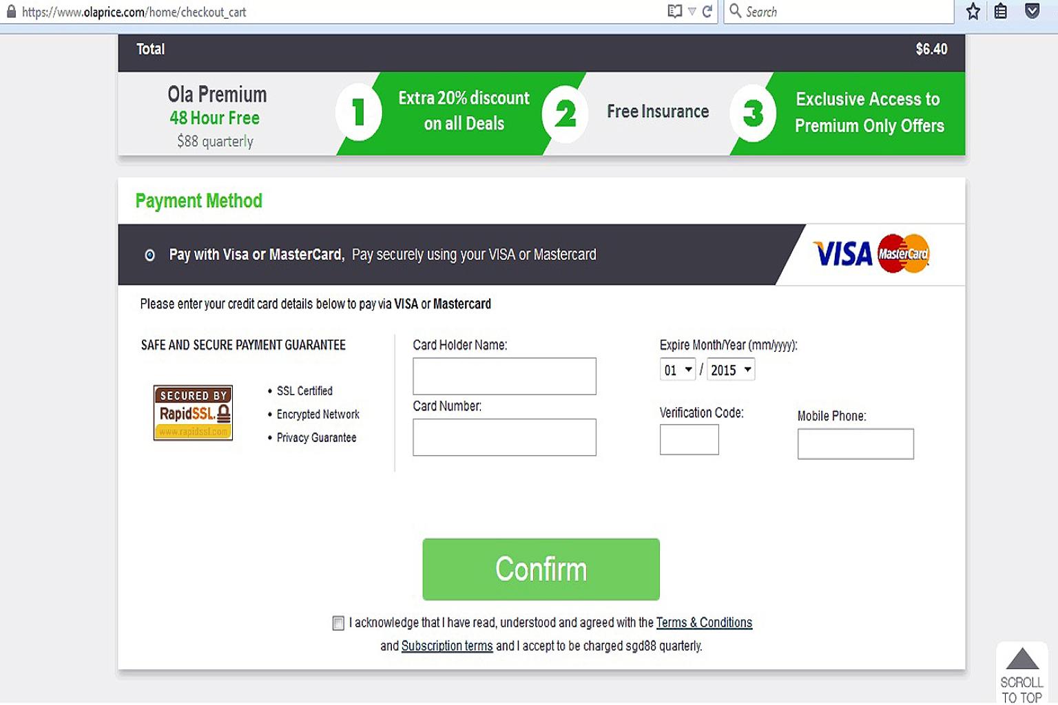 A screenshot of OlaPrice's transaction page showing a small box at the bottom, with a Terms & Conditions statement, for customers to tick.
