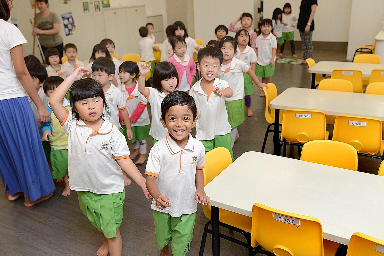 Children at NTUC's My First Skool at Westgate mall. My First Skool and PCF reiterated that the new fees will generally still be lower than the maximum allowed for anchor operators.