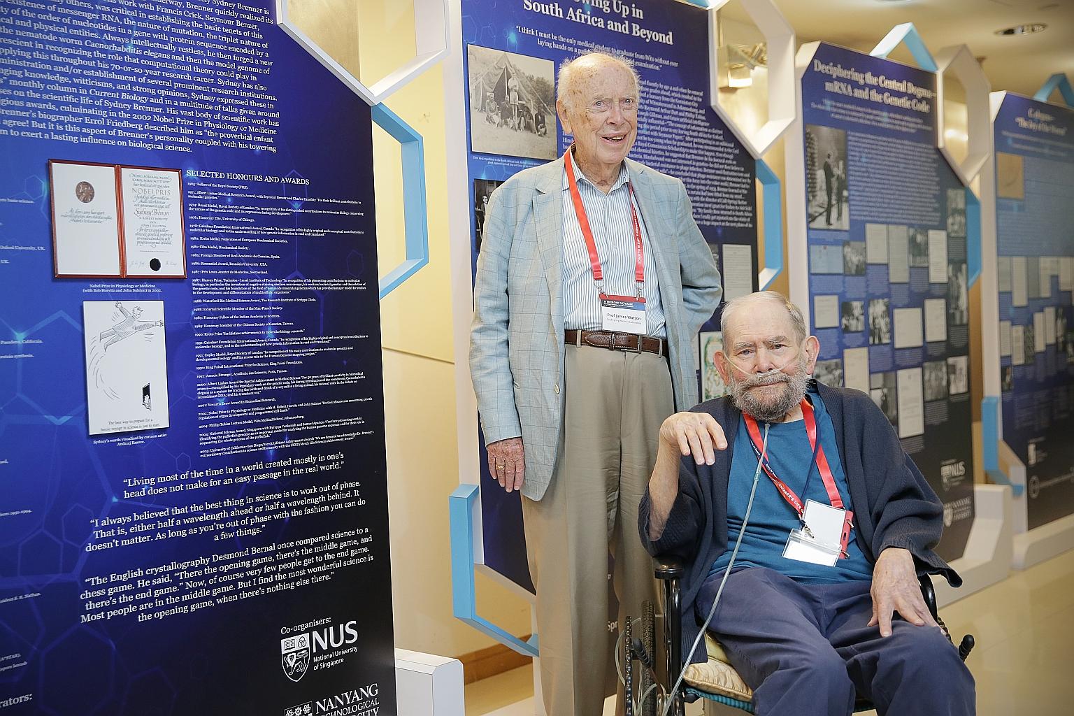 Dr James Watson (left) and Dr Sydney Brenner at the Sydney Brenner Scientific Symposium and Exhibition, which features Nobel laureate Brenner's journey in science and his major accomplishments.