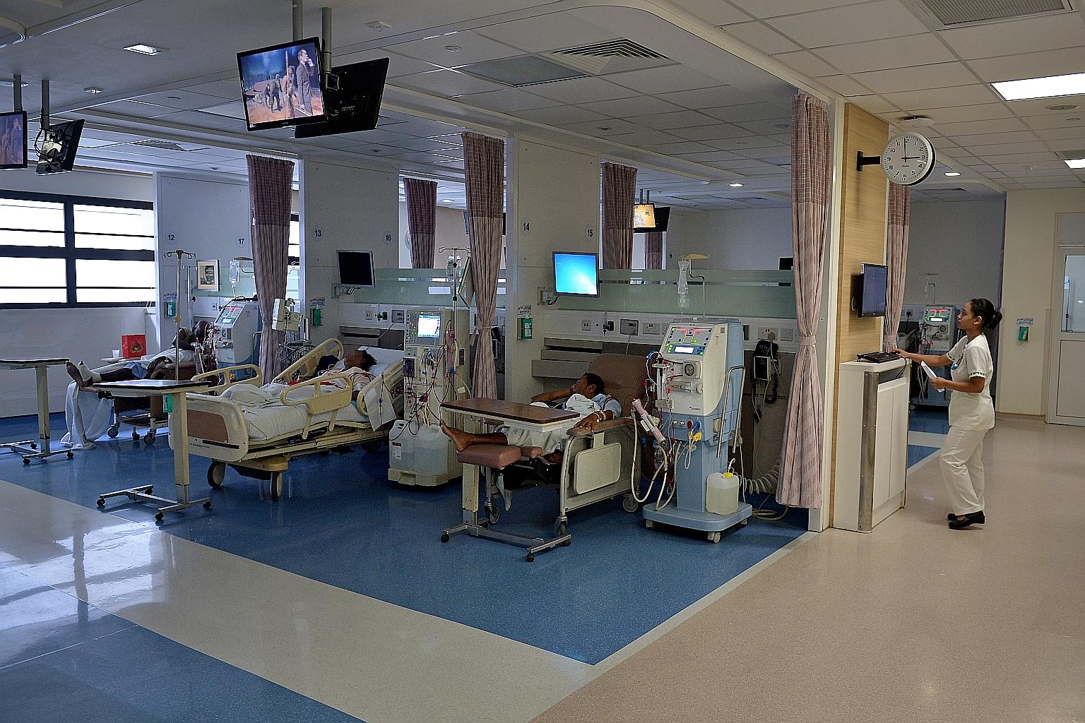 Patients in a ward at the dialysis centre in SGH. The hospital said 284 of 319 SGH staff have also been screened. The results of 279 of them are out and they have all tested negative.
